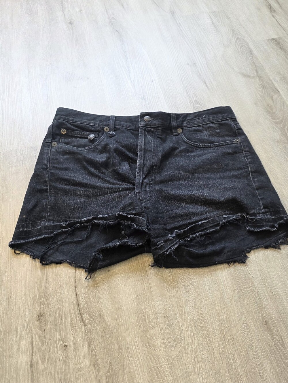 R13 Black Denim Distressed Crossover Shorts Size 25
